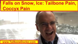 Falls on Snow Ice, Tailbone Pain, Coccyx Pain. Photo shows Dr. Foye pelted by wind and snow. 