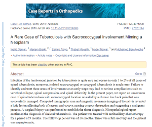 Tuberculosis with Sacrococcygeal Involvement Miming a Neoplasm, 2016 article in Case Reports in Orthopedics